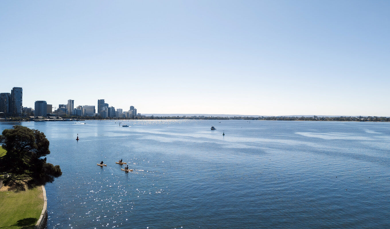 Aerial view of kayakers on swan river, Western Australia