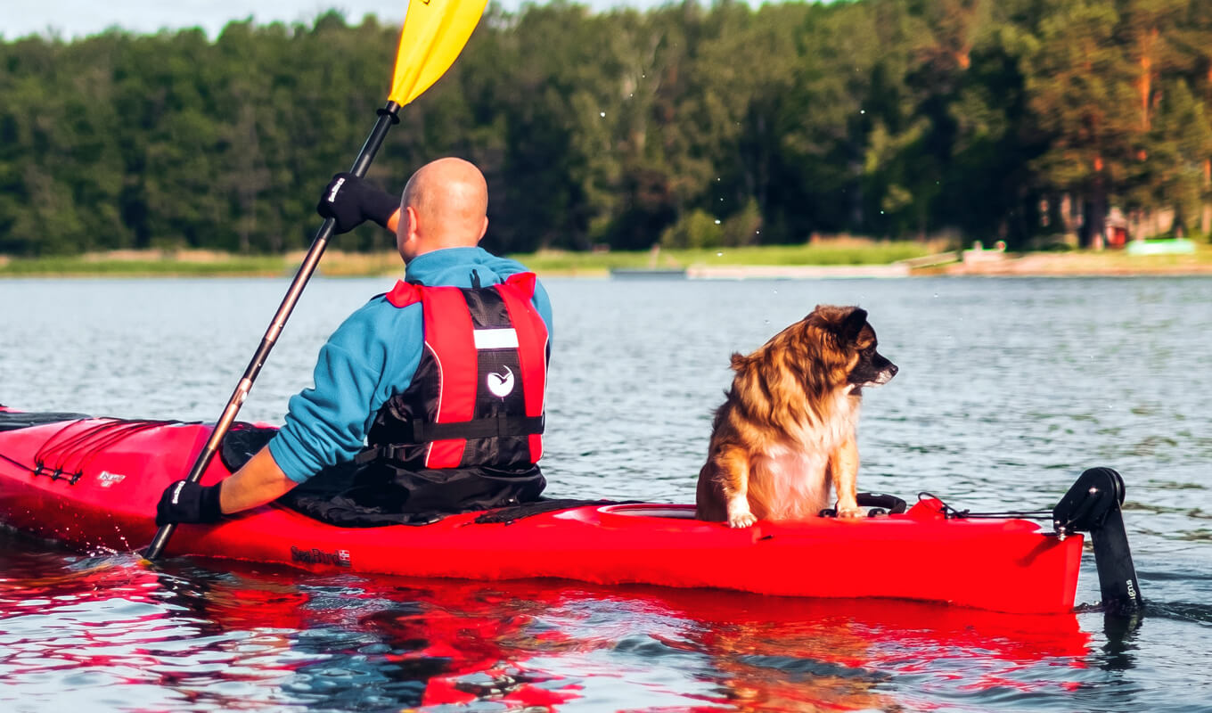 Man with his dog on a red kayak with a rudder kit