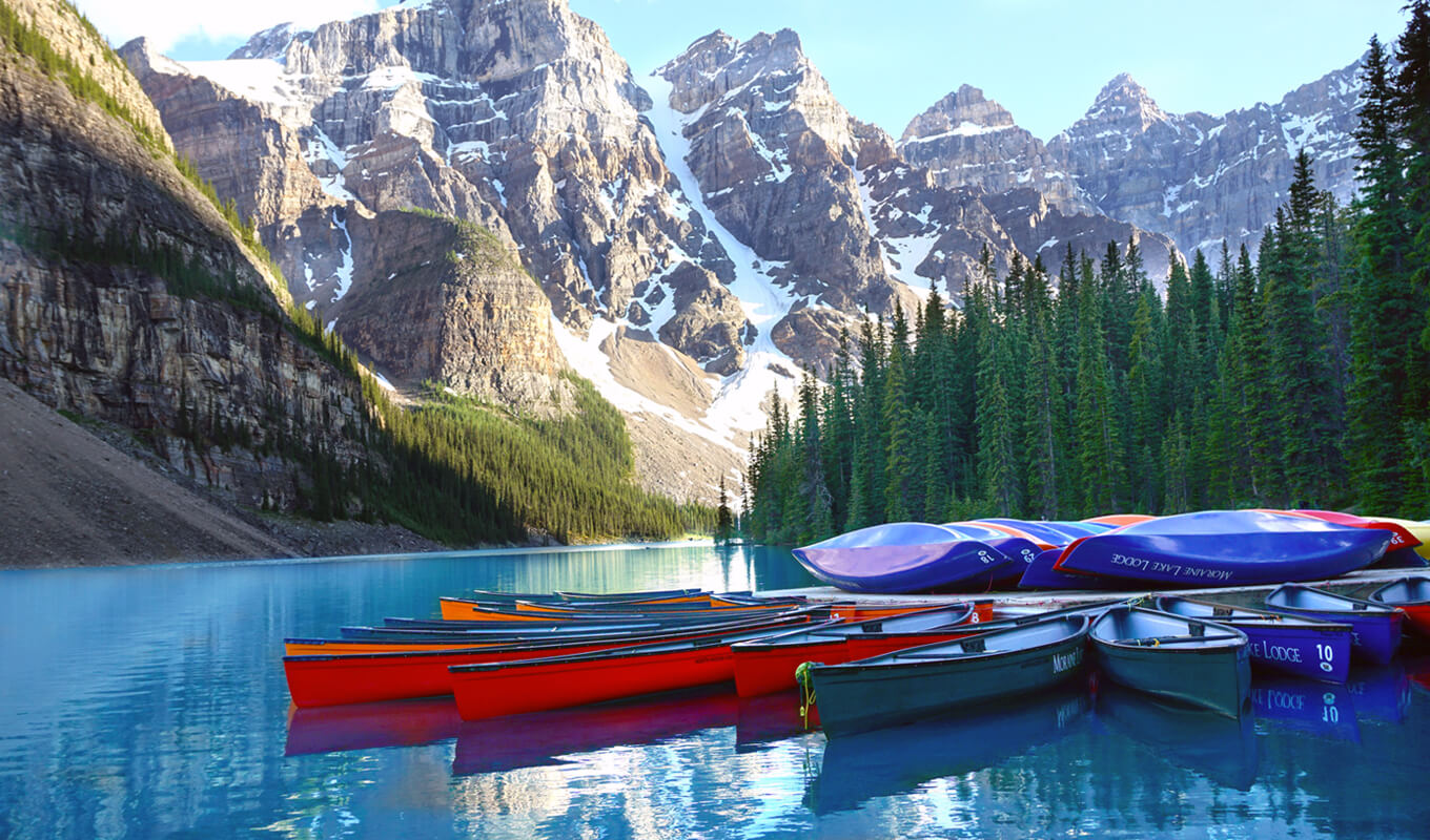 Variety of canoes on the lake side