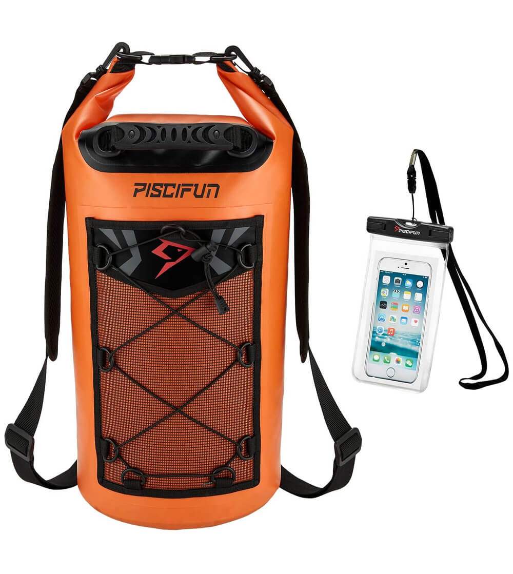 Orange Piscifun waterproof drybag backpack with waterproof phone case