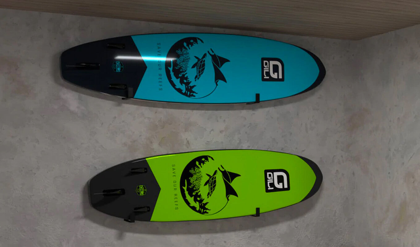 Gili inflatable paddle board on a wall rack